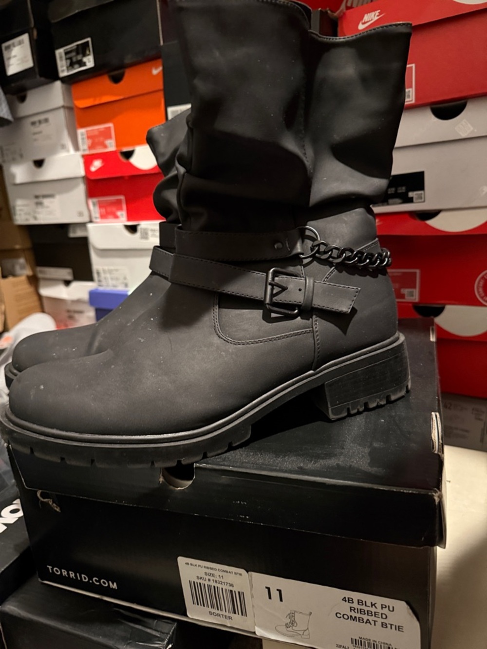 torrid Black Ribbed Combat Boots with Chain Buckle Detail